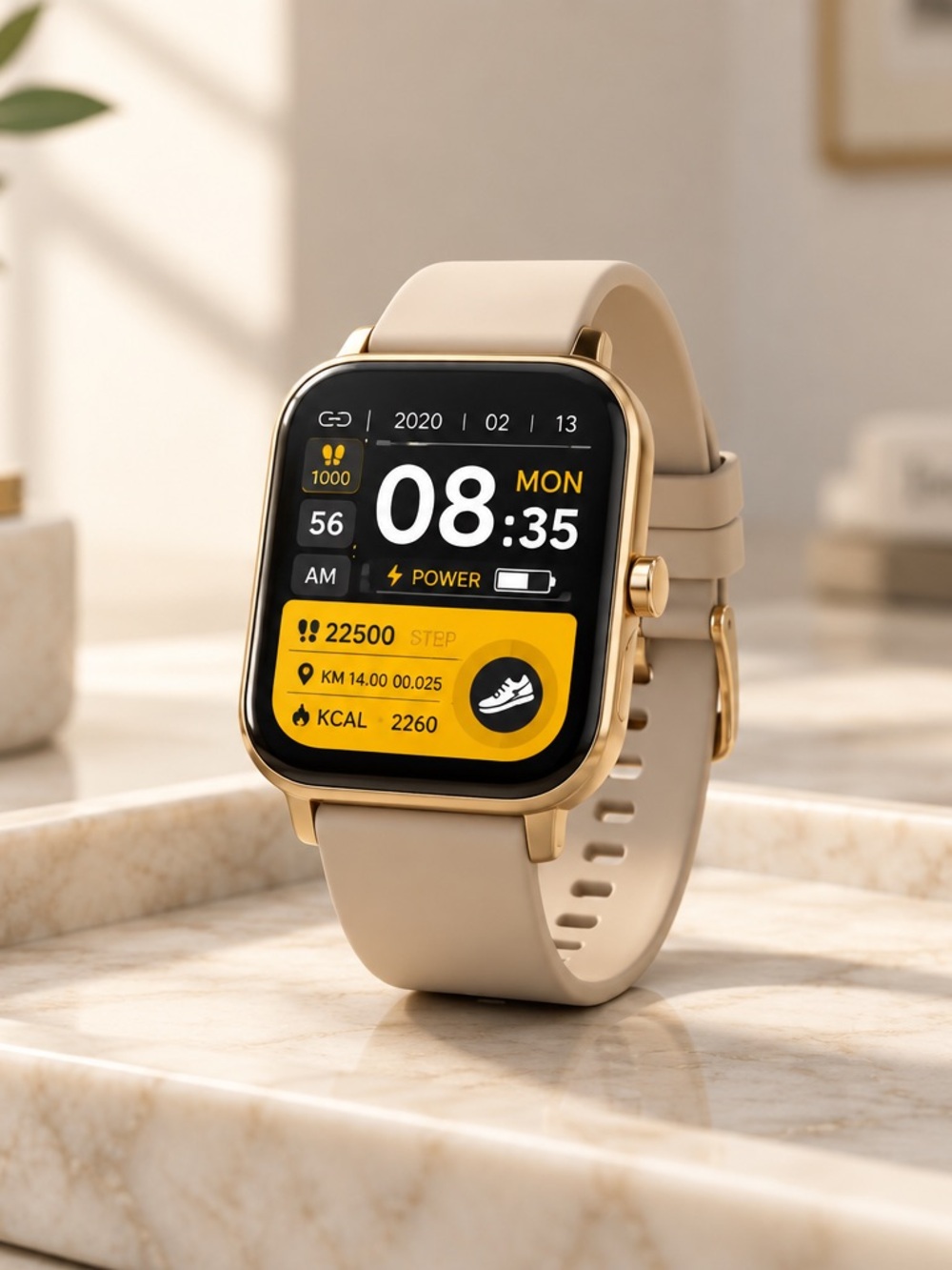 Beige and Gold Smartwatch with Fitness Tracking